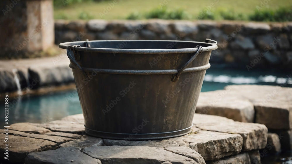 Metal bucket beside stone well background Metal bucket beside stone well background
