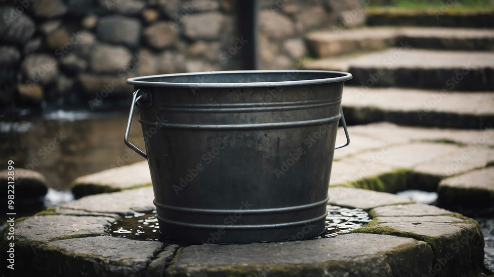 Metal bucket beside stone well background Metal bucket beside stone well background