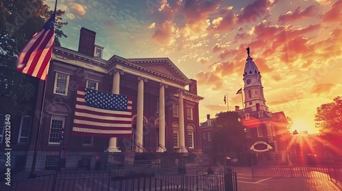 Imaginary Independence Hall scene building painted in red white and blue from the U.S. flag photo