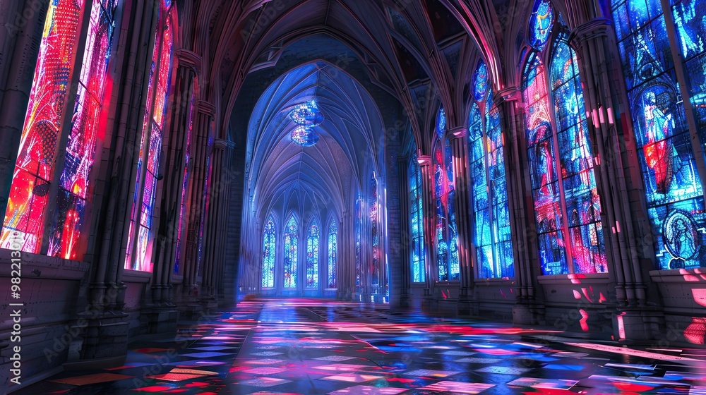 Fictional Notre-Dame Cathedral scene with stained glass windows glowing in French flag hues Fictional Notre-Dame Cathedral scene with stained glass windows glowing in French flag hues