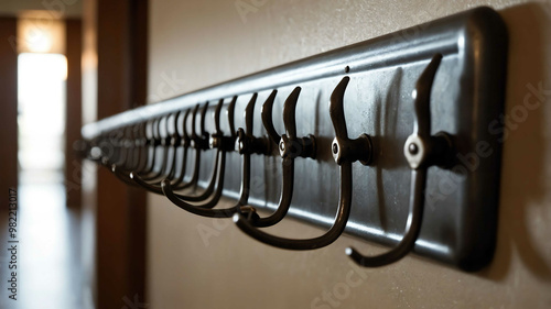 Metal coat rack in hallway background photo