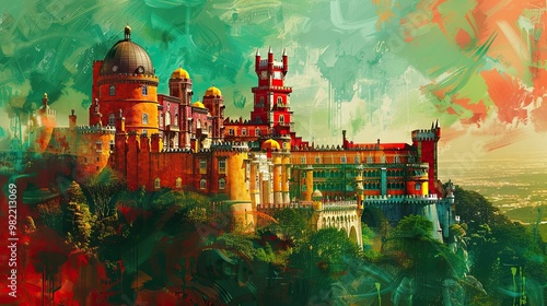 Non-realistic Pena Palace scene glowing in Portuguese flag colors atop a vibrant hillside