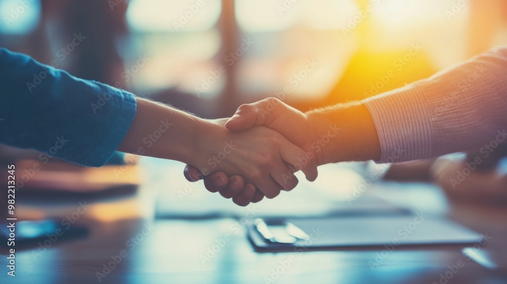 Business leaders shaking hands and smiling after signing a contract, celebrating success in a bright office. Business leaders shaking hands and smiling after signing a contract, celebrating success in a bright office.