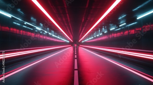 Abstract red lines depict the speed of the road in red. Red light trails on a dark background, with a high speed and fast motion blur effect.