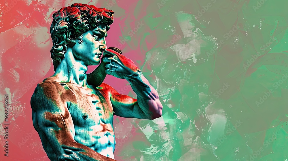 Fototapeta premium Fictional David statue in Florence bathed in Italian colors under bright lights