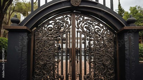 Metal gate with intricate design background