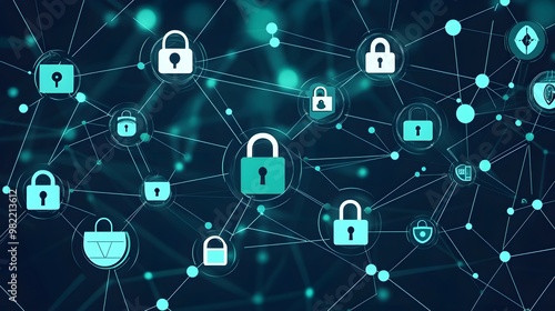 Cyber Security Network with Padlocks and Connections