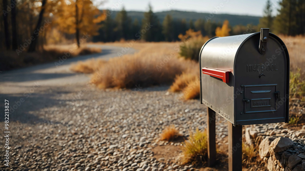 Metal mailbox beside gravel driveway background Metal mailbox beside gravel driveway background