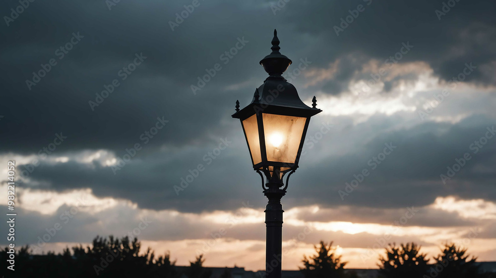 Metal street lamp under overcast sky background Metal street lamp under overcast sky background