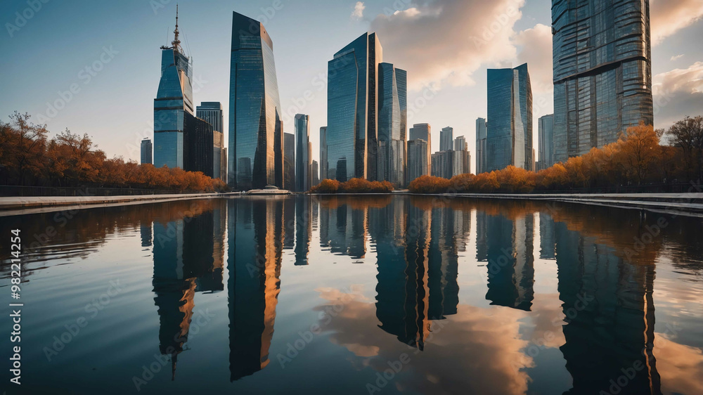 Fototapeta premium Modern skyscrapers reflecting in water background