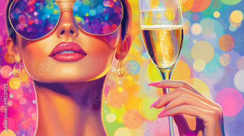 Illustration of a Woman at Carnival, Holding Champagne Glass with Colorful Bokeh Background, Festive Celebration with Classic Champagne Flute.
