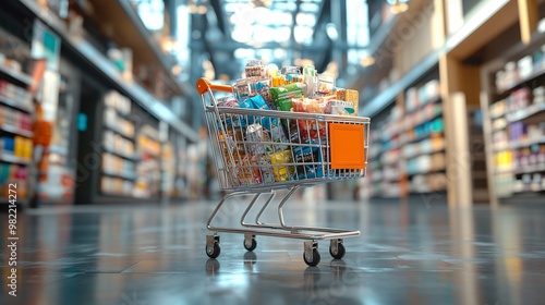 A virtual shopping cart overflowing with products, with colorful sale tags and percentages showing discounts. The screen reflects a smooth online shopping experience, ideal for promotional content.