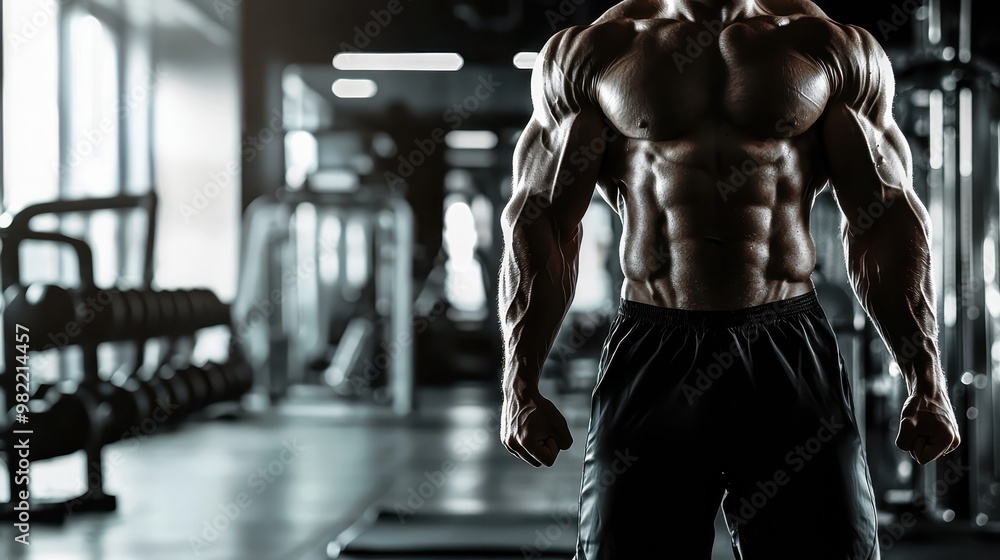 Fototapeta premium Male bodybuilder showcasing muscular physique in gym with workout equipment in the background. Perfect for fitness and bodybuilding concepts.