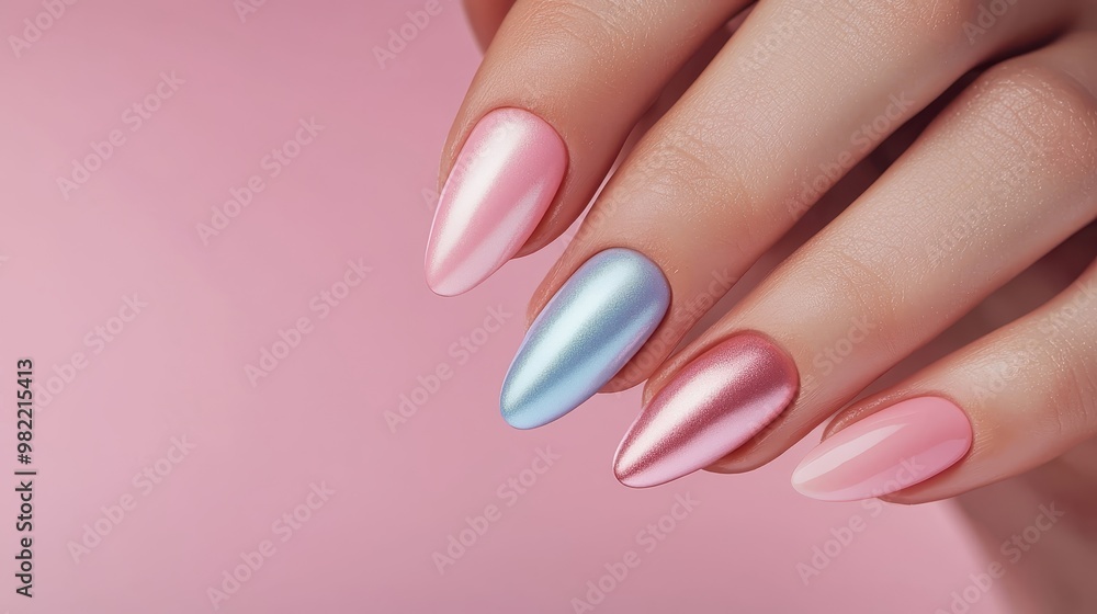 Close-up of a feminine hand with shiny, multicolored, metallic nail polish on a pink background. Perfect for beauty and fashion related projects. Close-up of a feminine hand with shiny, multicolored, metallic nail polish on a pink background. Perfect for beauty and fashion related projects.