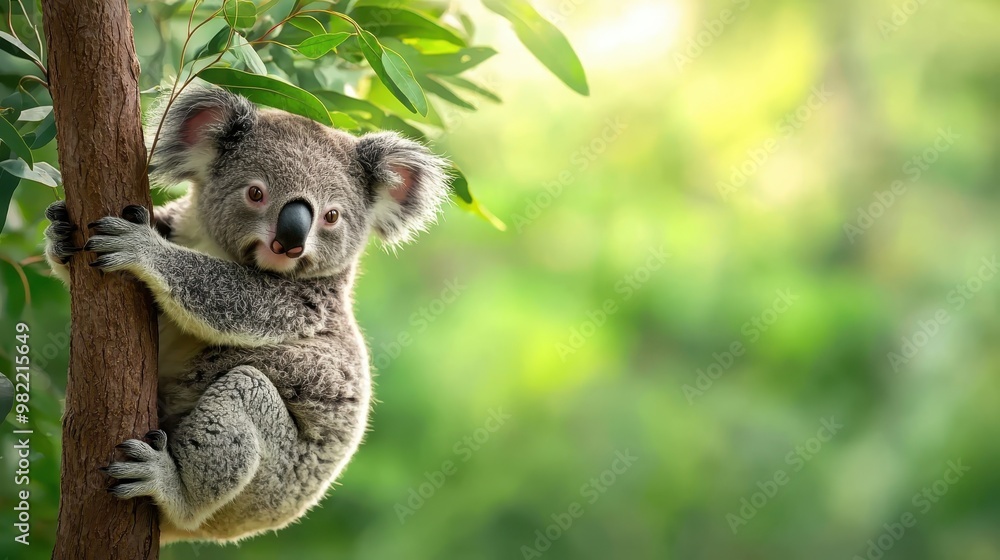 Fototapeta premium Adorable koala clings to a tree in a lush green forest, showcasing the beauty of Australian wildlife in a tranquil natural setting.