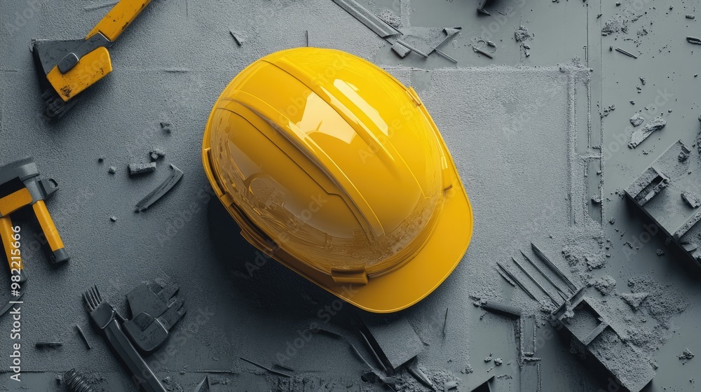 Yellow construction helmet surrounded by tools on a minimalist grey surface, highlighting the spirit of labor and hard work. Yellow construction helmet surrounded by tools on a minimalist grey surface, highlighting the spirit of labor and hard work.