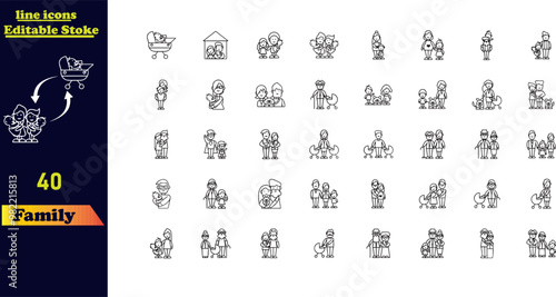 Family stroke icon set, featuring icons for parents, mother, father, children, babies, grandparents, and household elements. Editable icon collection.