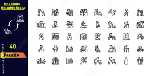 Family stroke icon set, featuring icons for parents, mother, father, children, babies, grandparents, and household elements. Editable icon collection.