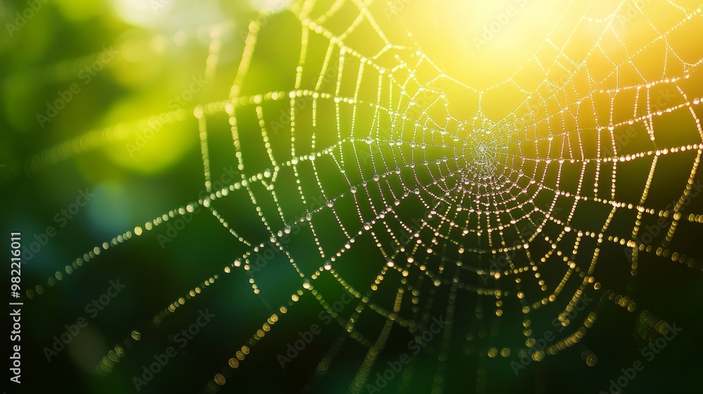Dew-Covered Spider Web with a Sunny Backdrop Dew-Covered Spider Web with a Sunny Backdrop