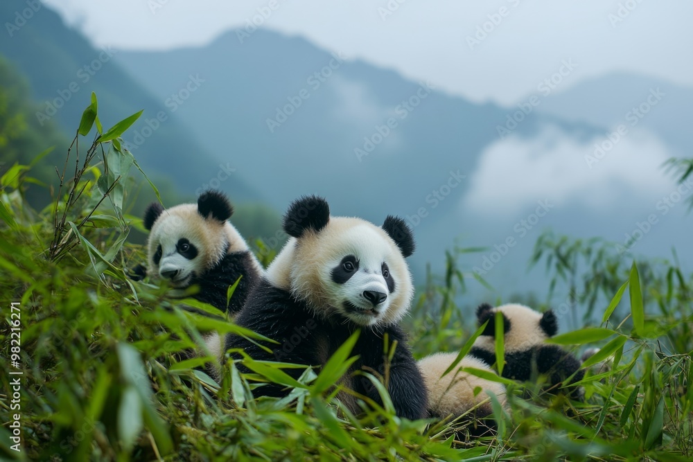 Obraz premium Three adorable pandas play peacefully in a lush green bamboo forest. This image captures the beauty of wildlife and nature. Perfect for nature lovers. Generative AI