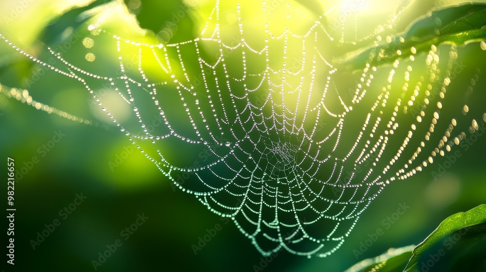Naklejka premium Dew-Covered Spider Web with Sunlit Background