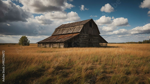 Old wooden barn under cloudy sky background