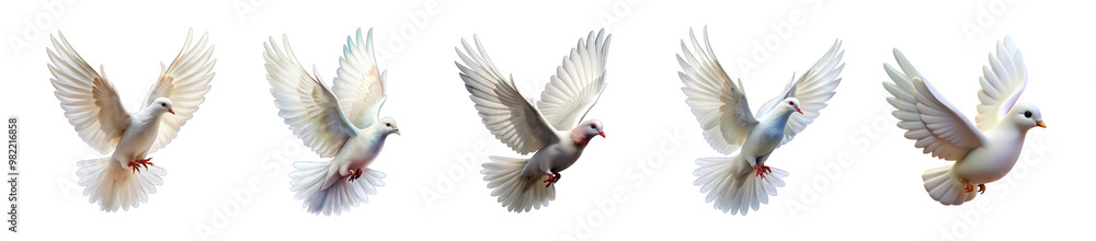 Obraz premium Collection of white Pigeon or dove 3d icon Flying Dove set isolated on transparent background cutout PNG
