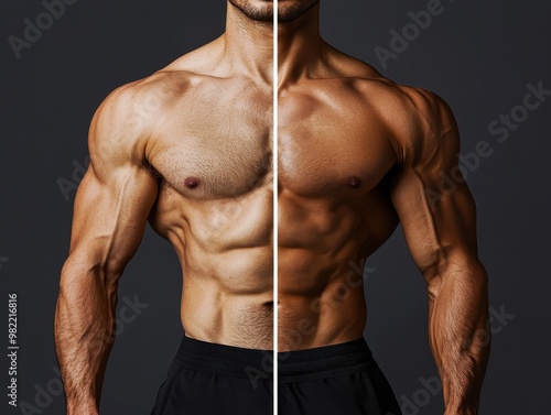 Side-by-side comparison of a muscular male torso, illustrating transformation and muscle development with clear upper body definition.