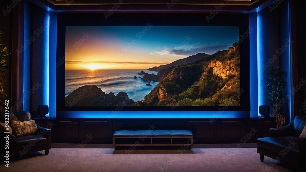 Fototapeta premium Home cinema featuring large TV screen illuminated with soft neon lighting providing cozy ambiance