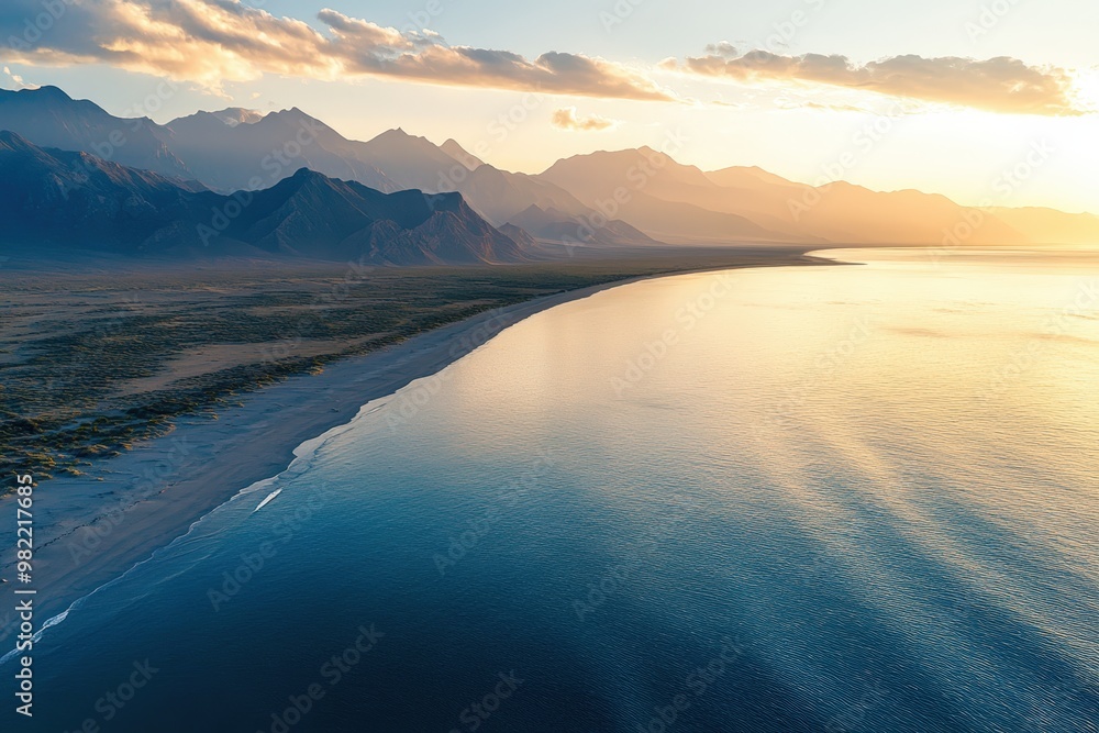 Fototapeta premium A tranquil beach at dawn with pastel-colored skies and gentle waves. Beautiful simple AI generated image