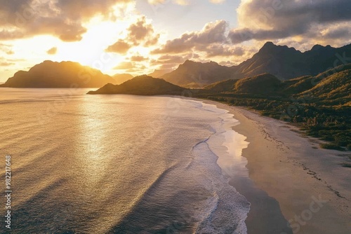 Beautiful aerial view of the beach with waves, the sea is blue and green. Seamless looping 4k time-lapse video animation background. Beautiful simple AI generated image