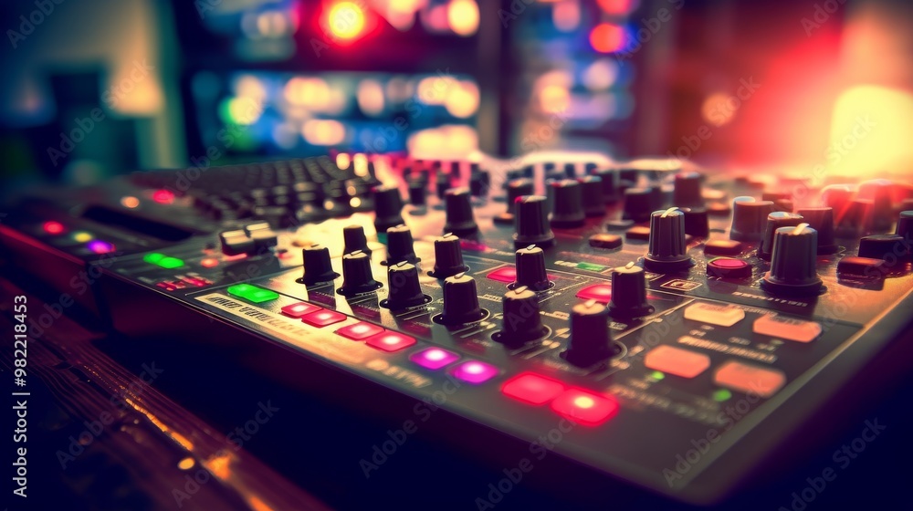 A colorful electronic device with buttons and a green light A colorful electronic device with buttons and a green light