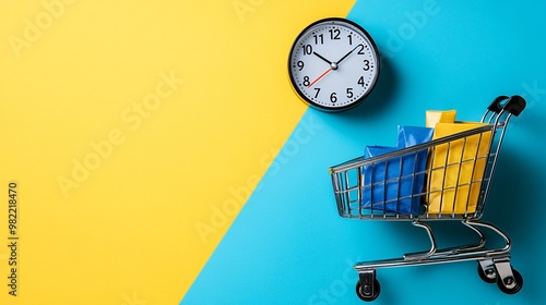 A countdown clock on a vibrant background showing a flash sale timer with bold numbers, emphasizing urgency. Displayed alongside are popular products with old and new prices clearly highlighted.