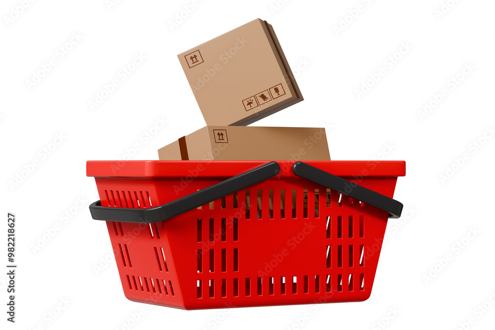 Fototapeta premium 3d Shopping cart basket with cardboard boxes inside cart icon isolated on purple background. Online Shopping, E-Commerce Concept. Minimal Empty Plastic shopping basket cart icon creative. 3d render.