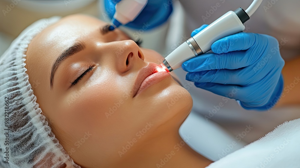Naklejka premium Close-up of a Woman Receiving a Red Light Facial Treatment