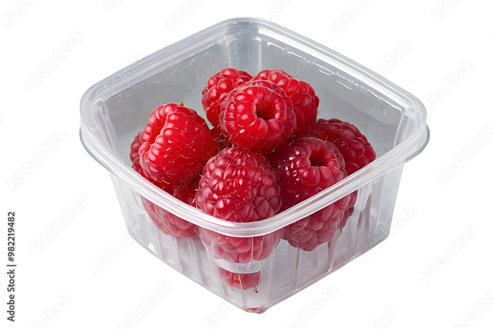 Closeup of organic Raspberries in plastic packaging box, super foods, healthy fruit isolated on transparent background