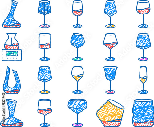 glass wine red wineglass drink doodle icons set vector. sketch line art alcohol, merlot, bar cup, cabernet bottle, transparent, liquid party, restaurant glass wine wineglass drink color illustrations
