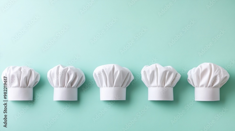 A neat row of white chef hats on a soft pastel mint background, symbolizing chefs ready to create culinary masterpieces. A neat row of white chef hats on a soft pastel mint background, symbolizing chefs ready to create culinary masterpieces.
