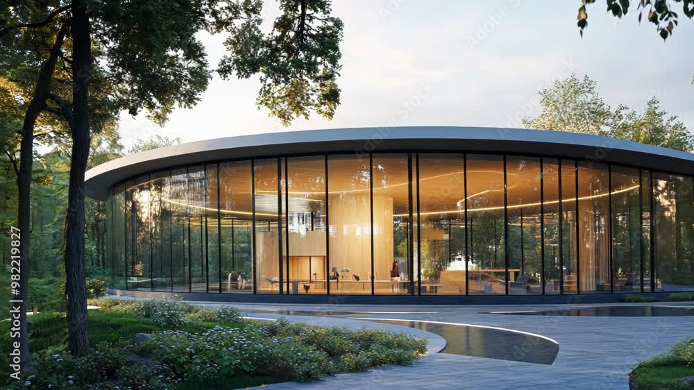 Modern Circular Glass Building Surrounded by Nature Modern Circular Glass Building Surrounded by Nature