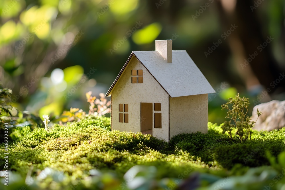 Paper Home On Moss In Garden, Generative AI Paper Home On Moss In Garden, Generative AI
