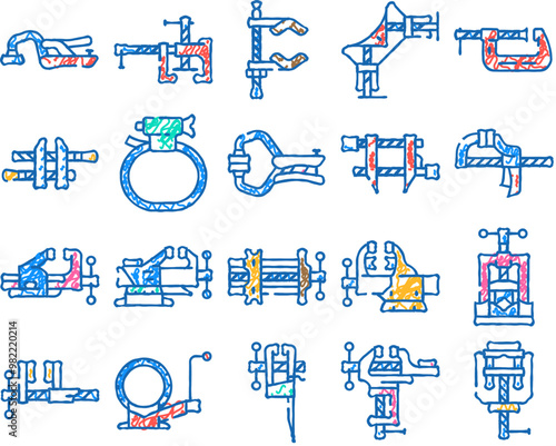 clamp vice grip tool metal doodle icons set vector. sketch line art equipment vise, steel screw, construction hold, industry compress, industrial hold clamp vice grip tool metal color illustrations