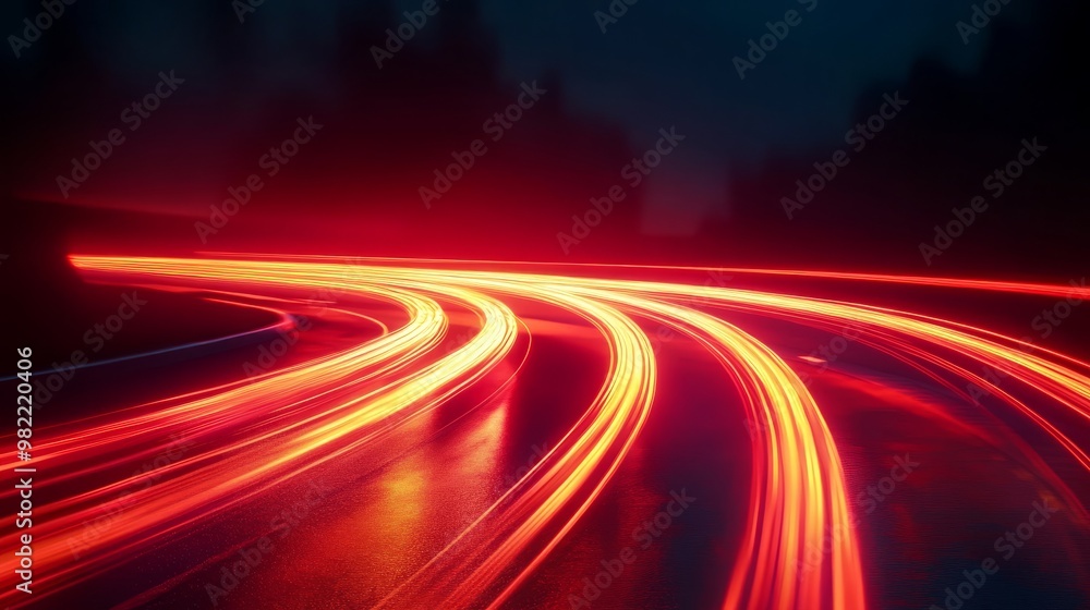 Abstract red lines depict the speed of the road in red. Red light trails on a dark background, with a high speed and fast motion blur effect. Design of a postcard, banner, website Abstract red lines depict the speed of the road in red. Red light trails on a dark background, with a high speed and fast motion blur effect. Design of a postcard, banner, website