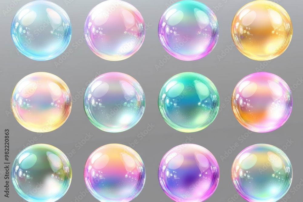 Rainbow gradient bubbles floating on a vibrant abstract background with light reflections and bokeh effect - Generative ai. Beautiful simple AI generated image Rainbow gradient bubbles floating on a vibrant abstract background with light reflections and bokeh effect - Generative ai. Beautiful simple AI generated image