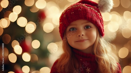 Joyful Child in Red Knit Hat Enjoying Christmas Lights and Decorations During Festive Holiday Season