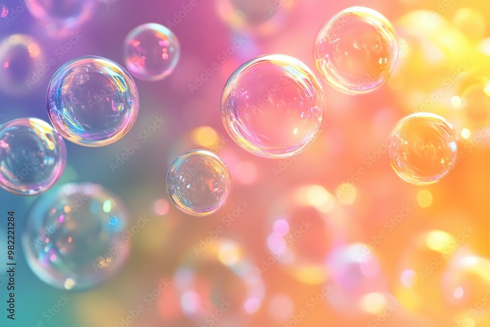 Rainbow gradient bubbles floating on a vibrant abstract background with light reflections and bokeh effect - Generative ai. Beautiful simple AI generated image Rainbow gradient bubbles floating on a vibrant abstract background with light reflections and bokeh effect - Generative ai. Beautiful simple AI generated image