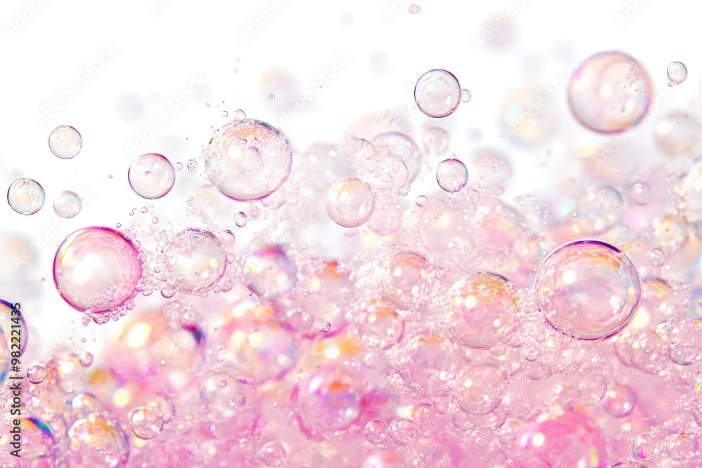 Fototapeta premium Rainbow gradient bubbles floating on a vibrant abstract background with light reflections and bokeh effect - Generative ai. Beautiful simple AI generated image