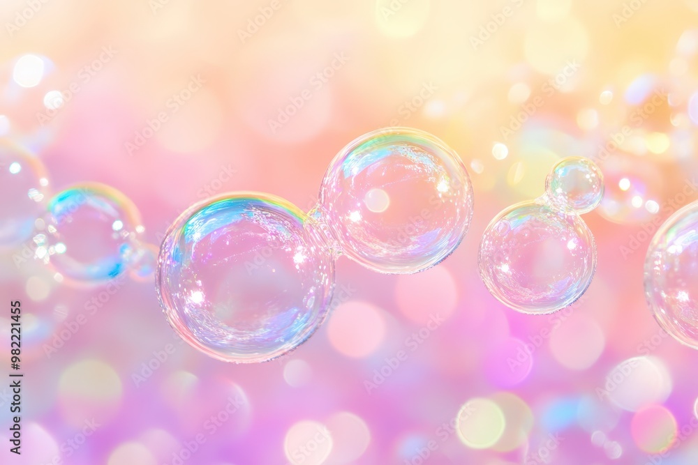 Rainbow gradient bubbles floating on a vibrant abstract background with light reflections and bokeh effect - Generative ai. Beautiful simple AI generated image