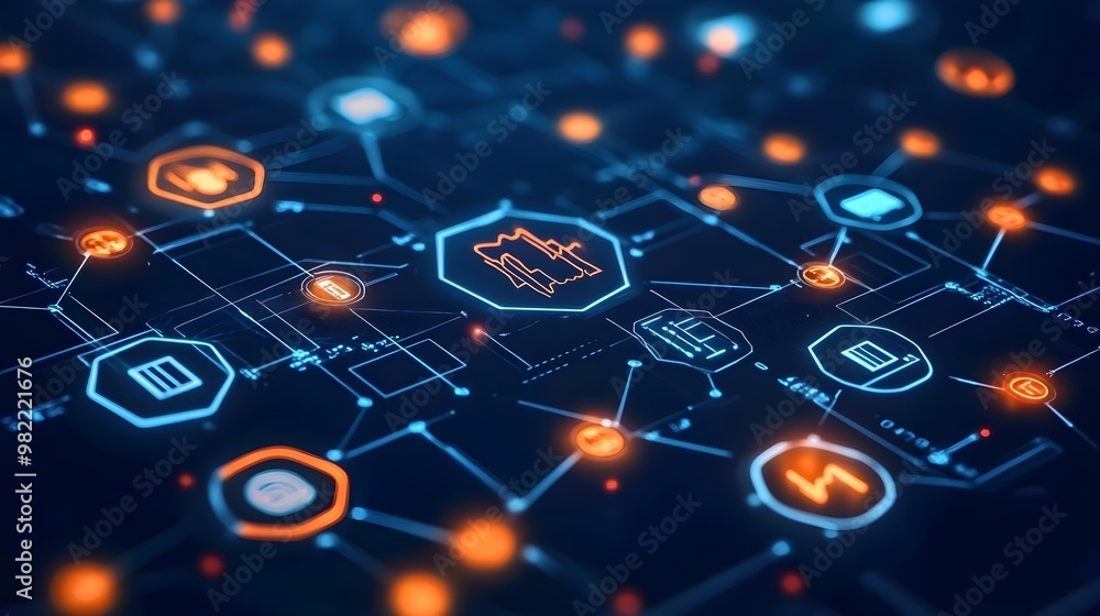 Obraz premium Digital Network Abstract Background with Glowing Icons