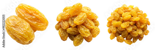 Pair of Golden Raisins with Wrinkled Skin and Sweet Flavor on Transparent Background