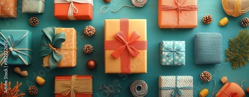 Colorful gift boxes with ribbons arranged on a teal background, perfect for festive celebrations and occasions. photo